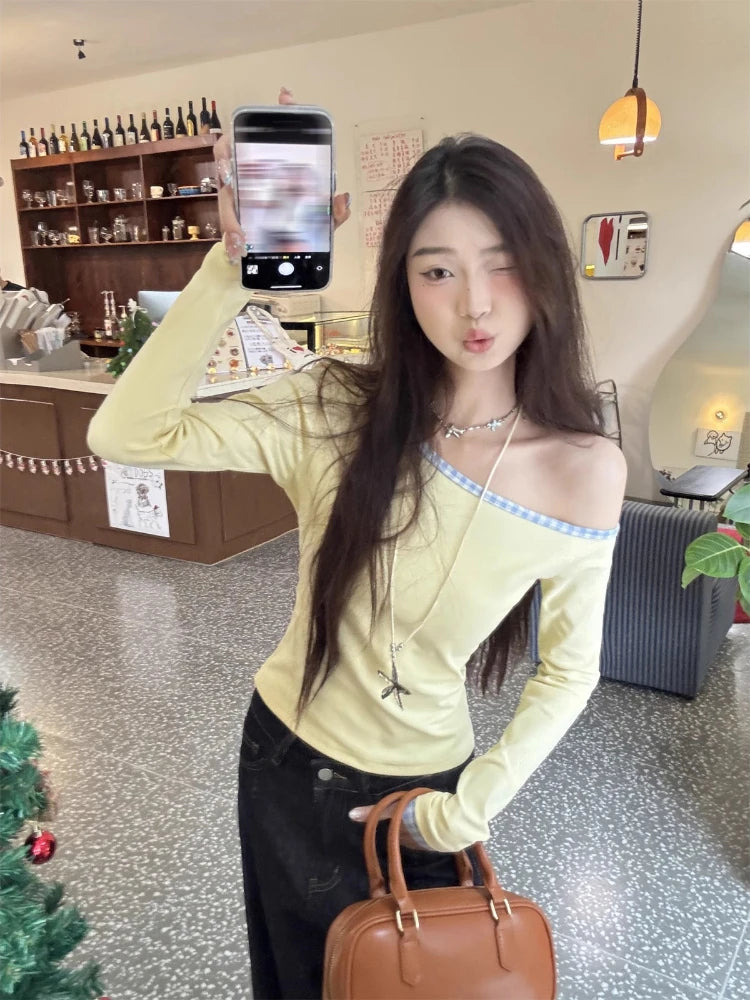 Women Streetwear Vintage Plaid Patchwork Tees Y2k Aesthetic Skew Collar Casual Loose T Shirts Spring Harajuku Grunge Crop Tops