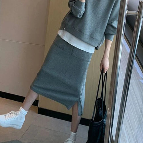 Load image into Gallery viewer, Autumn Hoodies Skirt New High Class Hong Kong Style Casual Sportswear Gray Top Skirt Two Piece Suits Chic Women Sets S-XL
