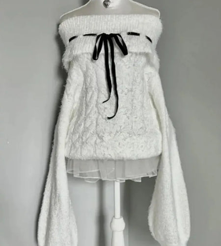 Y2k Aesthetic Slash Neck Twist Sweater Women Off Shlouder Bandage Pullover Vintage Lantern Sleeve Jumper Kawaii Fairy Jumpers