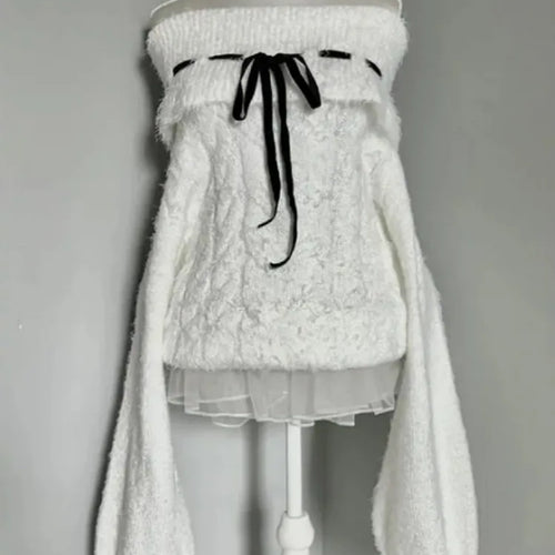 Load image into Gallery viewer, Y2k Aesthetic Slash Neck Twist Sweater Women Off Shlouder Bandage Pullover Vintage Lantern Sleeve Jumper Kawaii Fairy Jumpers
