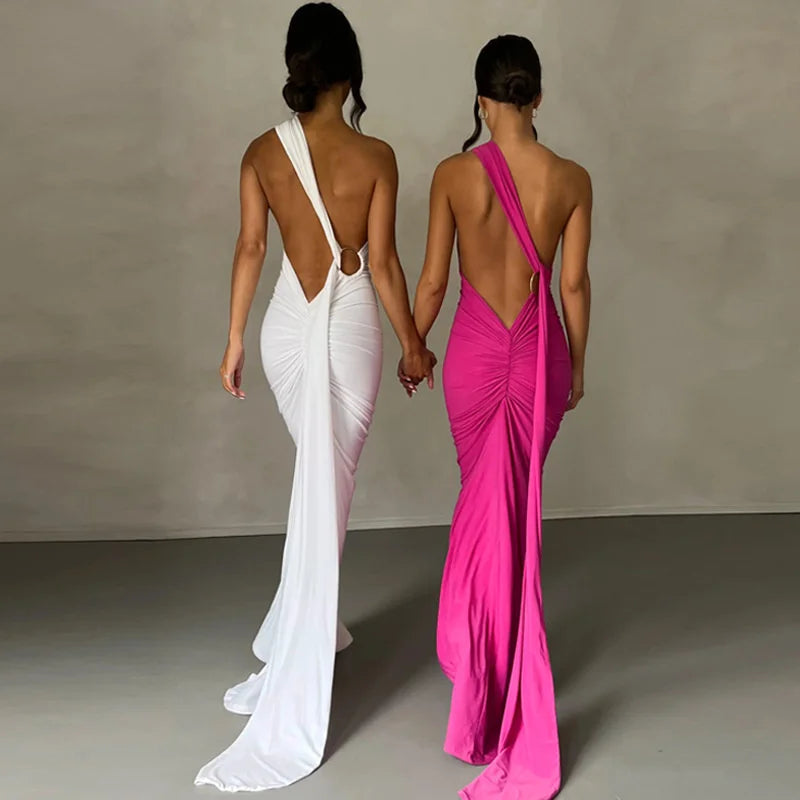 Oblique Shoulder Backless Maxi Dress For Women Gown Summer Back Strap Sleeveless Ruched Party Sexy Long Dress Vestidos