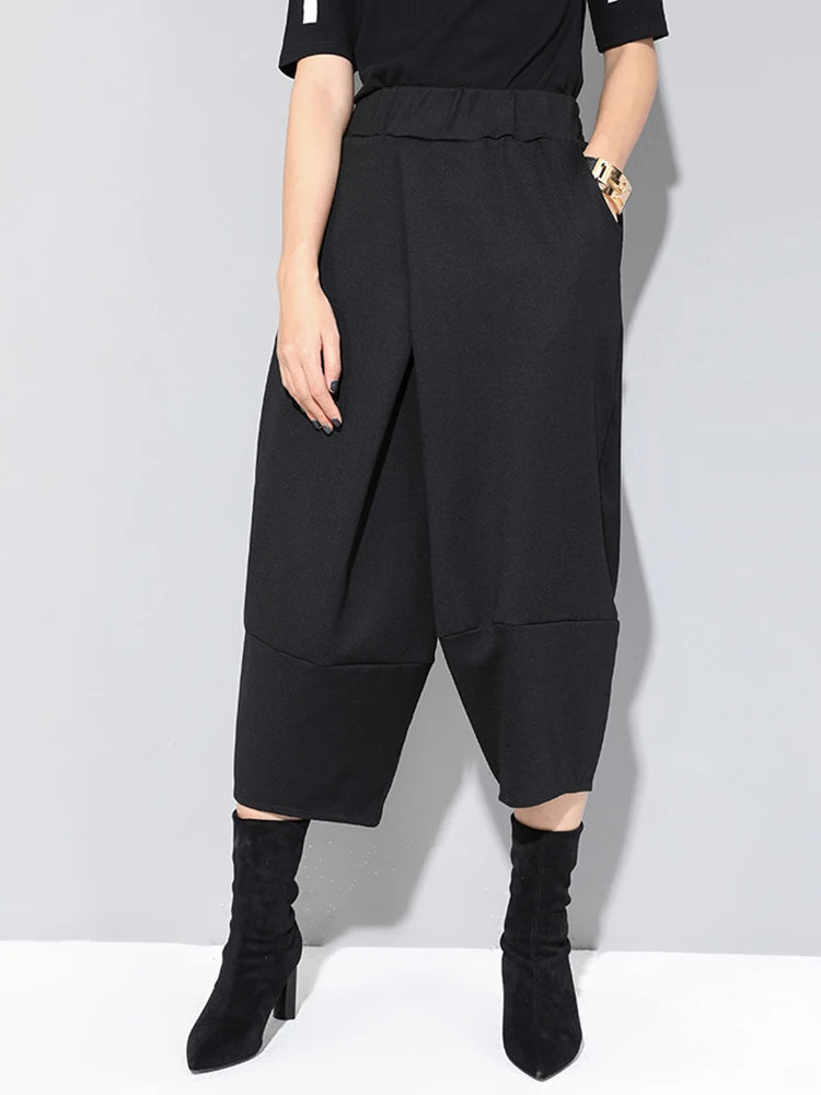 Spring Autumn High Elastic Waist Black Loose Big Pocket Brief Loose Harem Pants Women Trousers Fashion Tide JQ012