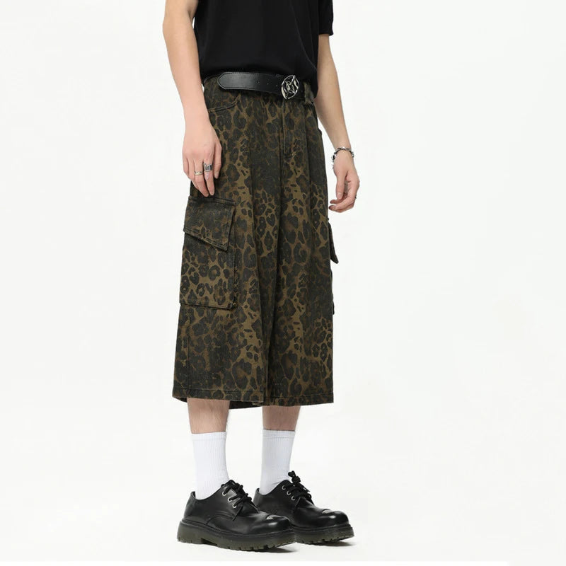 Streetwear Trendy Leopard Print Cargo Pants Summer New Camouflage Big Pocket Design Male Shorts Wide Leg 9C6628