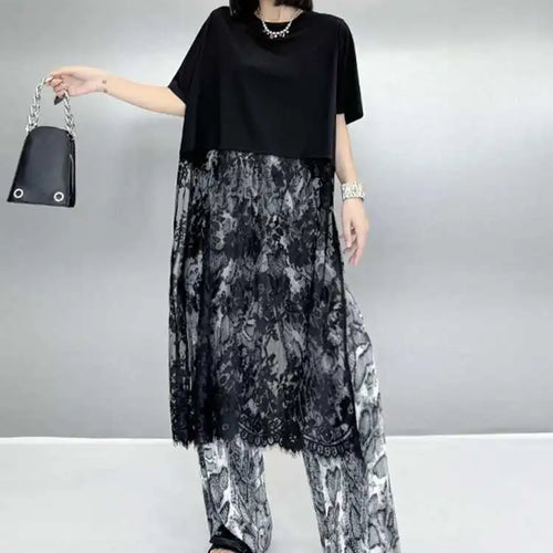 Load image into Gallery viewer, Women Black Hem Lace Perspective Big Size Midi Dress New Round Neck Short Sleeve Fashion Tide Spring Summer 2025 1DH6140

