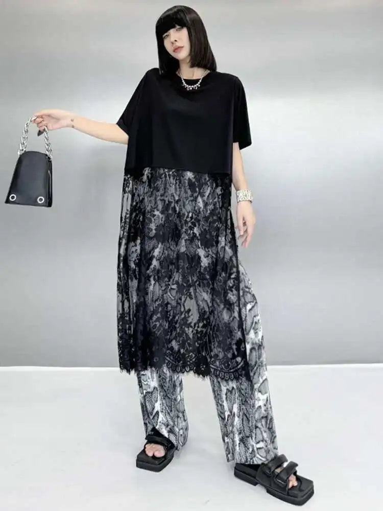 Women Black Hem Lace Perspective Big Size Midi Dress New Round Neck Short Sleeve Fashion Tide Spring Summer 2025 1DH6140