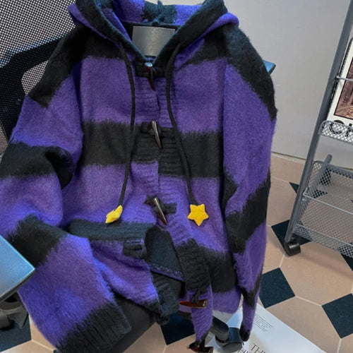 Load image into Gallery viewer, Y2k Aesthetic Star Patchwork Cardigan Femme Striped Vintage Pull  2025 Spring Mohair Harajuku Hooded Fashion Women Sweaters
