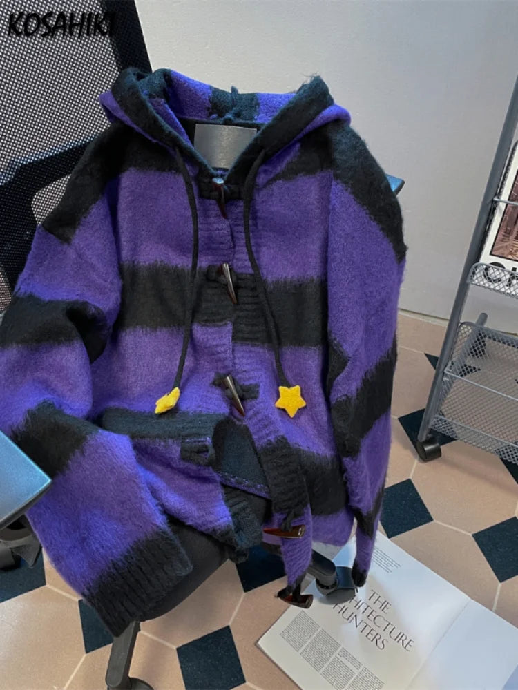 Y2k Aesthetic Star Patchwork Cardigan Femme Striped Vintage Pull  2025 Spring Mohair Harajuku Hooded Fashion Women Sweaters