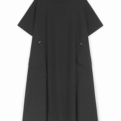 Load image into Gallery viewer, Women Gray Drawstring Pocket Big Size Midi Dress New Round Neck Short Sleeve Fashion Tide Spring Summer 2025 1DJ1193
