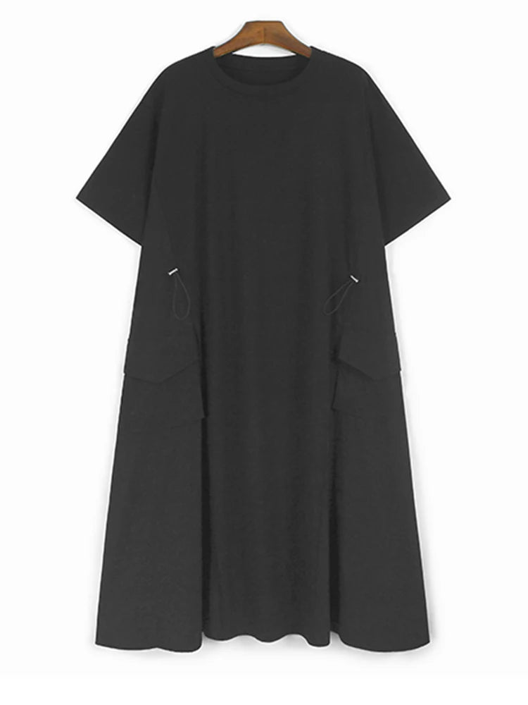 Women Gray Drawstring Pocket Big Size Midi Dress New Round Neck Short Sleeve Fashion Tide Spring Summer 2025 1DJ1193
