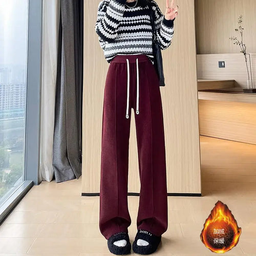 Load image into Gallery viewer, Women Black Blue Velvet High Waist Office Ladies Pant Korean Fashion Red Drawstring Wide Leg Trousers Casual Thick New 2024 Chic

