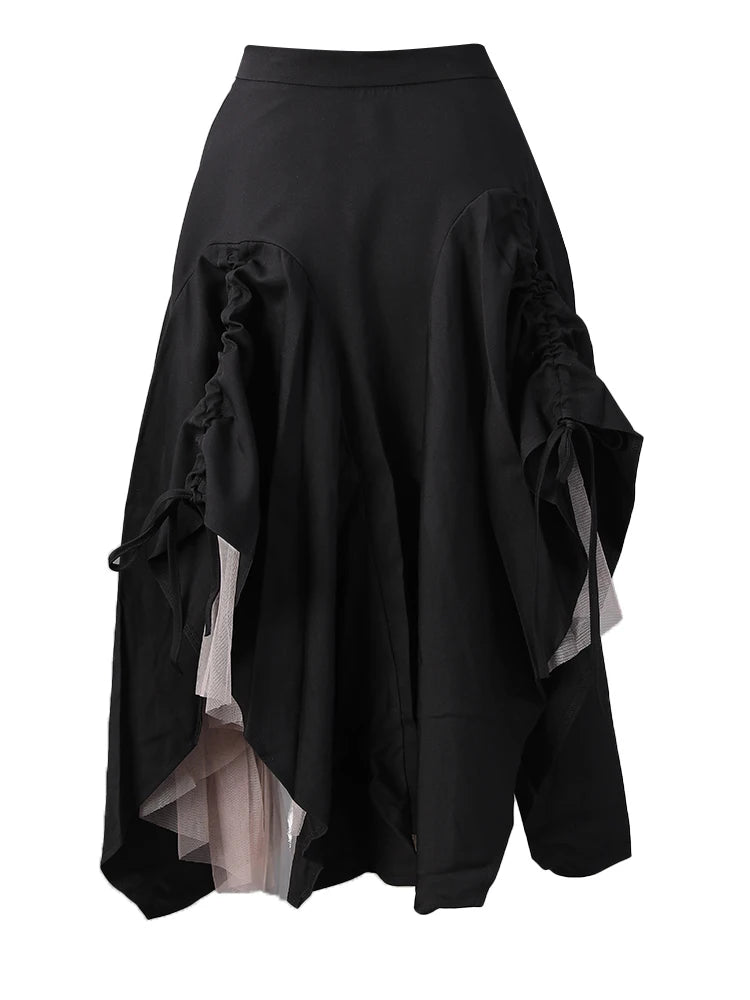 High Elastic Waist Black Drawstring Mesh Irregular A-line Half-body Skirt Women Fashion Tide New Spring Autumn 2025 2Q1136