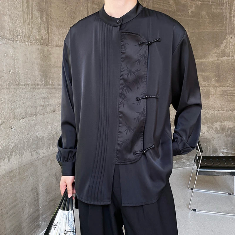 Men's Shirts Long Sleeve New Chinese Style Personalized Stand Collar  Button Design Solid Color Handsome Male Top 9W1789