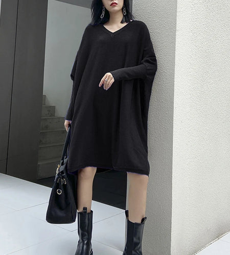 Women Blue Knitting Big Size Mini Dress New V-Neck Long Batwing Sleeve Loose Fit Fashion Tide Spring Autumn 2025 1DF9758