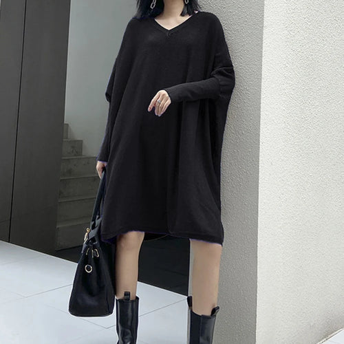 Load image into Gallery viewer, Women Blue Knitting Big Size Mini Dress New V-Neck Long Batwing Sleeve Loose Fit Fashion Tide Spring Autumn 2025 1DF9758
