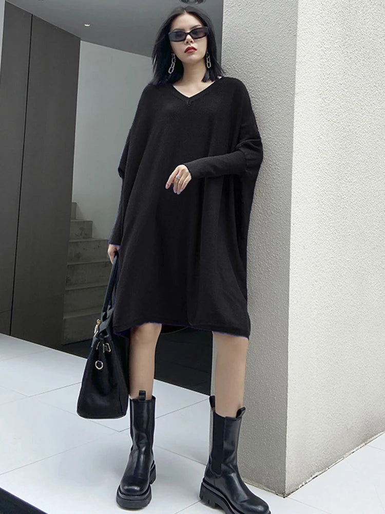 Women Blue Knitting Big Size Mini Dress New V-Neck Long Batwing Sleeve Loose Fit Fashion Tide Spring Autumn 2025 1DF9758
