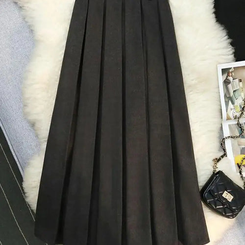Load image into Gallery viewer, Korean Black Woolen Skirt Women Elegant Brown Autumn Winter High Waist A-line Office Fashion Gray Zippered Pleated Long Skirts
