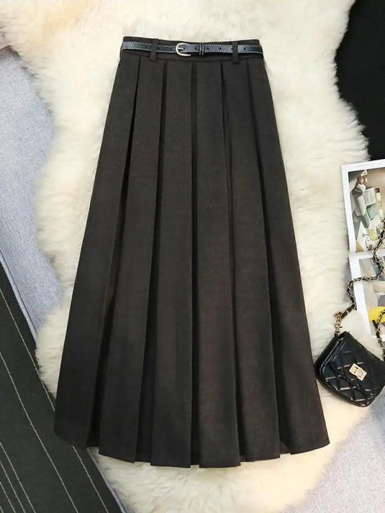 Korean Black Woolen Skirt Women Elegant Brown Autumn Winter High Waist A-line Office Fashion Gray Zippered Pleated Long Skirts