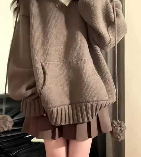 Y2k Aesthetic Autumn V Neck Woman Sweaters Harajuku Loose Grunge Cardigan Mujer Ball Drawstring Pocekt Patchwork Solid Pullovers