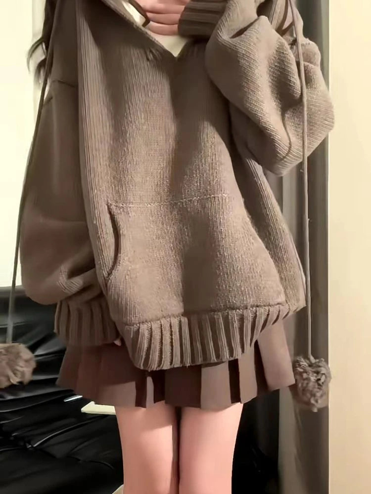 Y2k Aesthetic Autumn V Neck Woman Sweaters Harajuku Loose Grunge Cardigan Mujer Ball Drawstring Pocekt Patchwork Solid Pullovers