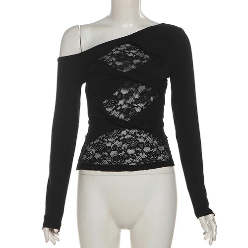 Load image into Gallery viewer, y2k Lace Top Women Coquette Clothing See Through Slash Neck One Shoulder Twist Front Long Sleeve T Shirt Streetwear
