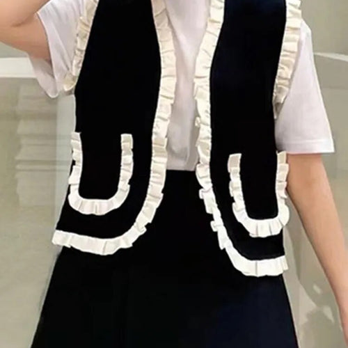 Load image into Gallery viewer, Frill Trim Vest Jacket For Women V Neck Sleeveless Patchwork Colorblock Vests Female Clothing Summer Style
