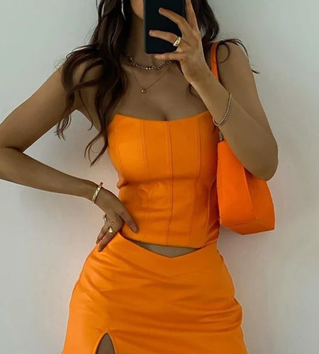 Orange Top And Skirt Set Sexy Corset Top Cropped And Leather Dress Strapless Top Birthday Dress For Women 2022