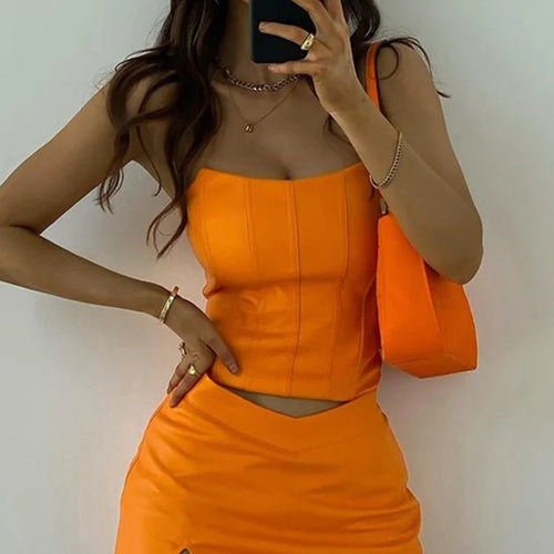 Load image into Gallery viewer, Orange Top And Skirt Set Sexy Corset Top Cropped And Leather Dress Strapless Top Birthday Dress For Women 2022

