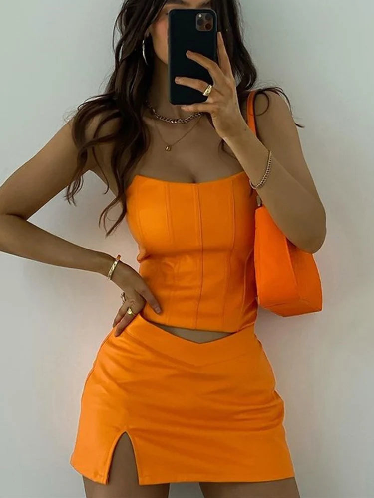 Orange Top And Skirt Set Sexy Corset Top Cropped And Leather Dress Strapless Top Birthday Dress For Women 2022