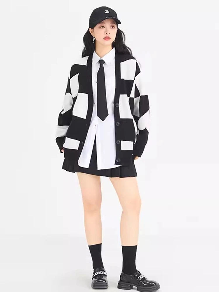 Soliaten V-neck Plaid Checkerboard Oversized Cardigan Women Autumn Winter Single Breasted Ladies Long Sweter Jumper  C-174