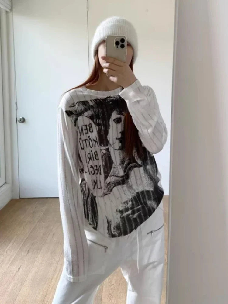 Y2k Tshirts Women 2024 Ropa Mujer Long Sleeve Print Tees Korean Fashion Camisetas Hollow Out Harajuku Summer Oversized T Shirt