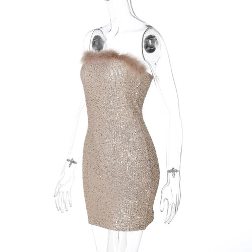 Load image into Gallery viewer, Sequins Off-shoulder Sexy Mini Dress For Women Fashion Strapless Feather Backless Bodycon Club Party Sparkle Dress
