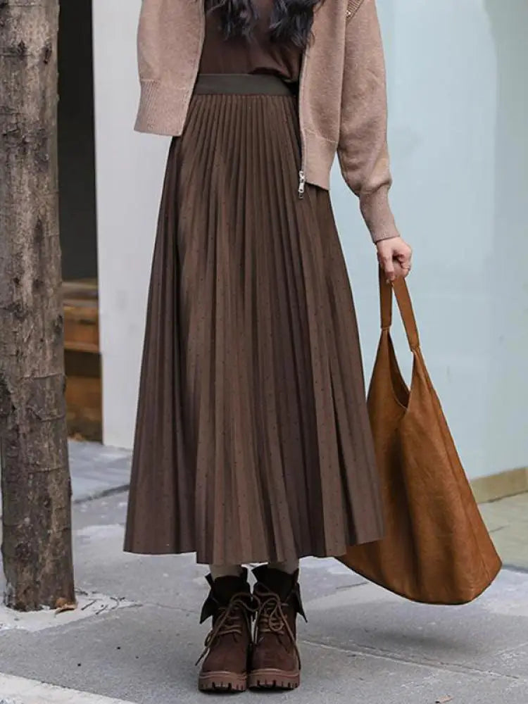 Autumn Winter French Vintage Solid Versatile A-line Long Skirts Women's 2024 Elegant High Waist Office Lady Pleated Skirt Simple