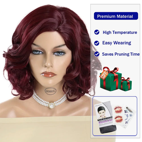 Load image into Gallery viewer, Synthetic Hair Curly Bob Wigs for Black Women Wine Red Color Fluffy Wavy Wig Side Bangs Thick Natural Outfits Wig Soft
