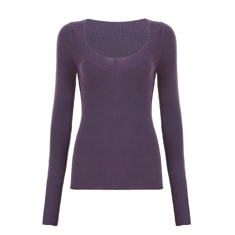 2025 Harajuku Purple Knitted Autumn T-shirts Women Y2k Aesthetic Bodycon Grunge Tees Vintage A Deep V-Neck Sexy Fairy Tshirt