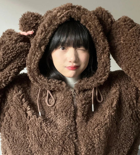 Y2k Aesthetic Zipper Hooded Harajuku Tops Casual Grunge Loose Drawstring Coats Women Streetwear Kawaii Cute Fluffy Warm Jackets