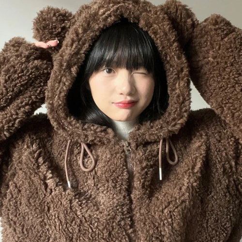 Load image into Gallery viewer, Y2k Aesthetic Zipper Hooded Harajuku Tops Casual Grunge Loose Drawstring Coats Women Streetwear Kawaii Cute Fluffy Warm Jackets
