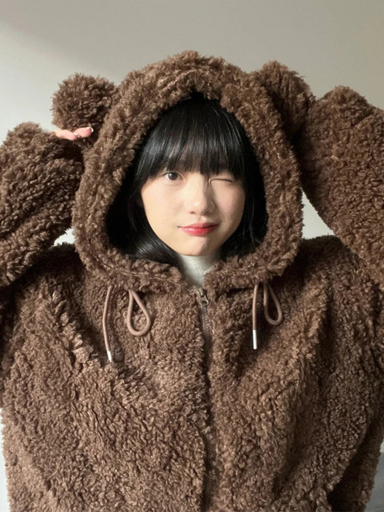 Y2k Aesthetic Zipper Hooded Harajuku Tops Casual Grunge Loose Drawstring Coats Women Streetwear Kawaii Cute Fluffy Warm Jackets