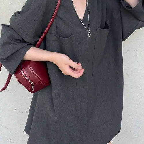 Load image into Gallery viewer, Women Gray Double Pocket Big Size Elegant Mini Dress New V--Neck Long Sleeve Fashion Tide Spring Autumn 2025 1DH7310
