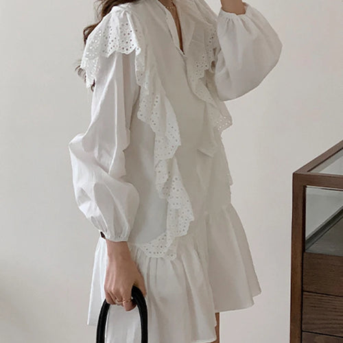 Load image into Gallery viewer, Ruffled White Sweet V-neck Female Dresses French Style Slight Stretch Hollow Out Solid Color Spring Summer Women&#39;s Dress
