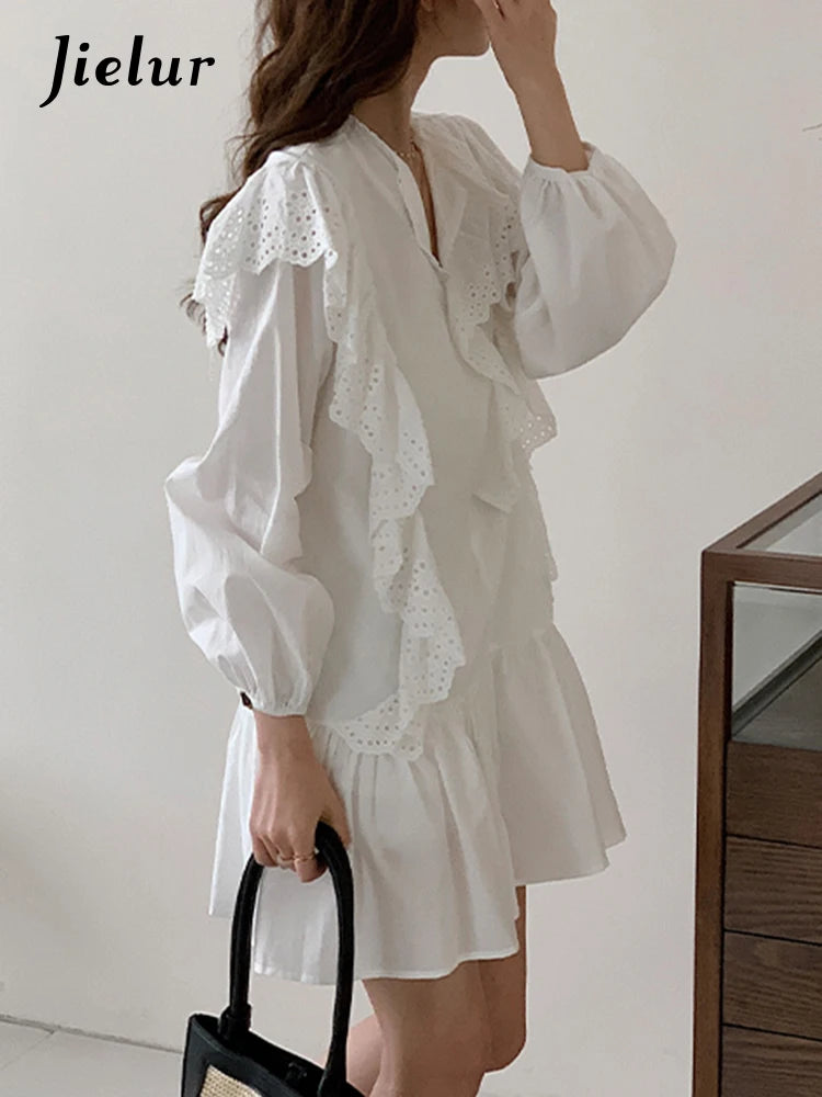 Ruffled White Sweet V-neck Female Dresses French Style Slight Stretch Hollow Out Solid Color Spring Summer Women's Dress