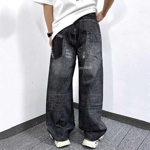 Load image into Gallery viewer, High Street Men's Jeans Trendy Printed Pattern Washed Worn-out Straight Leg Jeans American Style Male Denim Pants 9W1864
