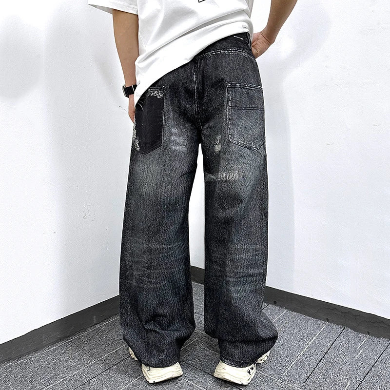 High Street Men's Jeans Trendy Printed Pattern Washed Worn-out Straight Leg Jeans American Style Male Denim Pants 9W1864