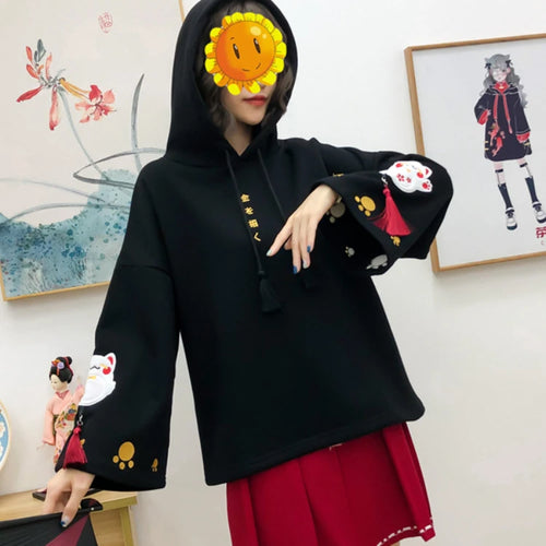 Load image into Gallery viewer, Women Cotton Hooded Sweatshirts With Cartoon Embroidery Casual Hoodies Flare Sleeve Balck Harakuju Pullover Kawaii Chothes
