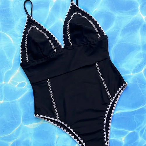 Load image into Gallery viewer, Black V Neck One Piece Swimsuit Women 2025 Sexy Swimwear Halter Bathing Suit High Waist Monokini
