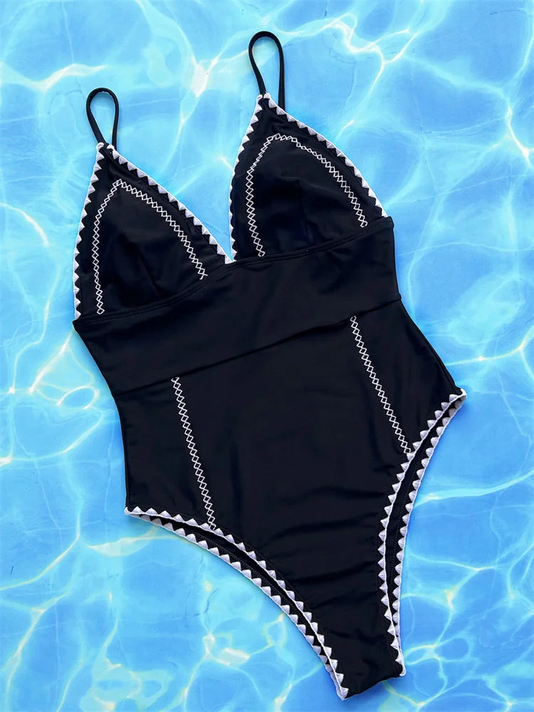 Black V Neck One Piece Swimsuit Women 2025 Sexy Swimwear Halter Bathing Suit High Waist Monokini