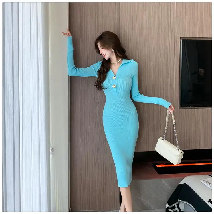 Women Autumn Black Knit Dress 2023 Beige Streetwear Slim Midi Long Dress Ladies Casual Blue Button Office Lady Bodycon Dresses