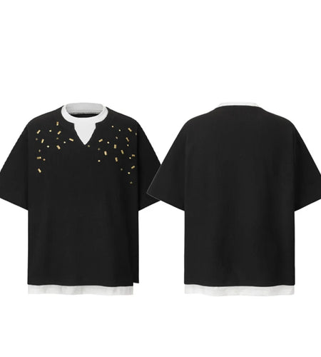 Men's Short Sleeve T-shirts Fake Two-piece Trendy V-neck Design T-shirt Nail Buckle Decoration Summer Male Top 9W1780