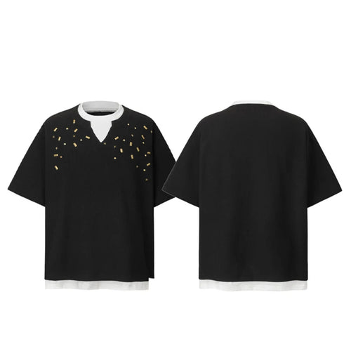 Load image into Gallery viewer, Men&#39;s Short Sleeve T-shirts Fake Two-piece Trendy V-neck Design T-shirt Nail Buckle Decoration Summer Male Top 9W1780
