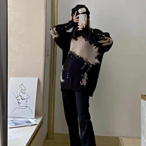 Load image into Gallery viewer, Tie Dye Pins Ripped Holes Knitting Sweaters Hip Hop Streetwear Pullover 2025 Harajuku Loose Black Tops Vintage Jumpers
