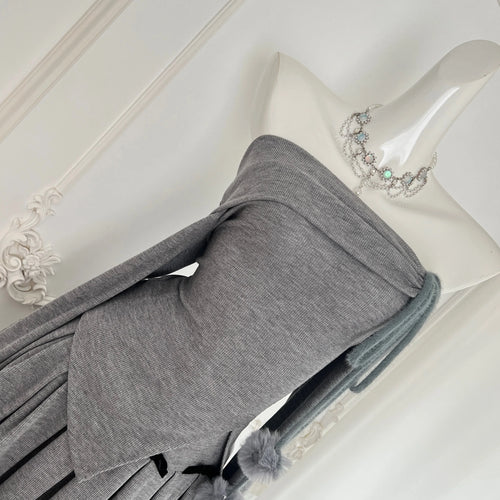 Load image into Gallery viewer, Women Gray Off Shoulder Long Sleeve Split Knit Sweater Tops And High Waist Pleated Short Skirt 2024 Autumn Winter Two Piece Set
